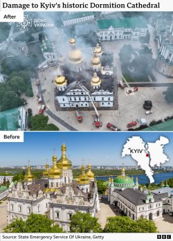 Russian strikes kill 11 and set historic cathedral in Kyiv ablaze